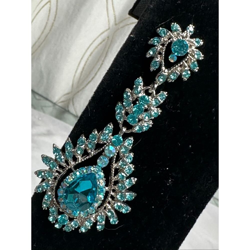 Teal Rhinestone Statement Chandelier Earrings Pageant Prom Glam - Picture 4 of 7